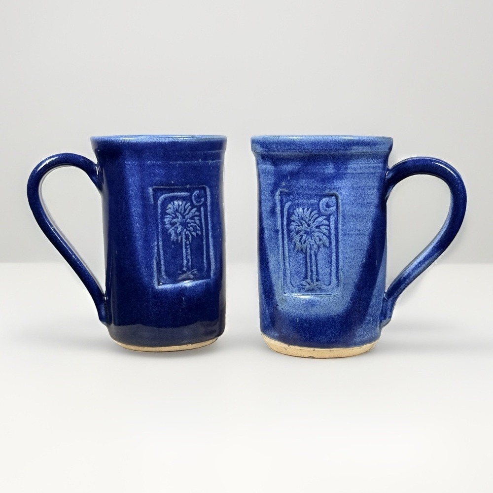 SC Palmetto Tree & Crescent Set Of 2 Coffee Mugs Blue & White Signed Handmade 08